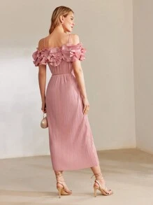 MOTF PREMIUM 褶邊紋理露肩洋裝 - 粉色 - 查看 6
