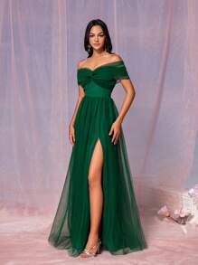 SHEIN Belle Vestido de dama de honor para adultos con hombros descubiertos, con nudo al frente, abertura alta y bajo acampanado, vestido elegante - Verde Oscuro - Ver 5