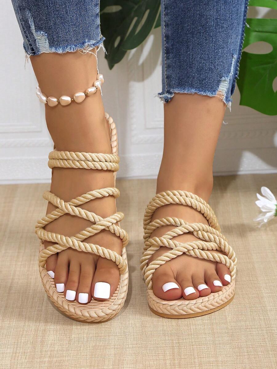 Nowe sandały damskie liny płaskie kapcie Khaki buty plażowe codzienne buty damskie - Kolor khaki - Zobacz 1