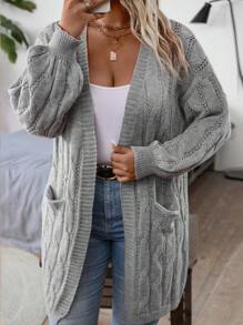 Plus Size Vintage Casual Twisted Texture Open Cardigan Sweater, For Winter Fall Cloth For Women - Grey - View 1