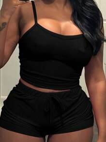 Slaydiva 2pcs Women's All-Match Casual Tank Top With Rib Pattern In Bright Pink, And Tight-Fitting Shorts - Black - View 3