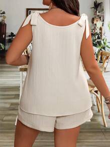 SHEIN Plus Size Cổ Chữ V Không Tay Mùa Hè Áo Và Quần Short 2 Cái/Bộ - Màu be - Xem 2