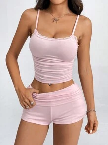 SHEIN PETITE Women's Lace Patchwork Casual Cami Top And Shorts - Pink - View 6