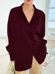 DAZY Striped Print Drop Shoulder Shirt,Long Sleeve Tops,Fall Clothes - Burgundy - View 2