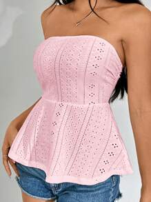 SHEIN EZwear Eyelet Embroidery Solid Ruffle Hem Tube Top