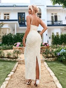 Backless Split Stereo Flower Embroidery Bodycon Cami Elegant Formal Evening Gowns - Apricot - View 2