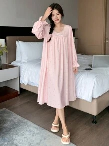 DAZY Lace Trimmed Butterfly Embellished Floral Nightgown With Ruffle Sleeves Pajama - Pink - View 6