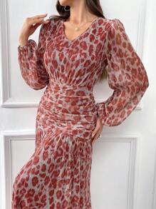 Modelyn Burgundy Red Women's Summer Fashion Leopard Print Lantern Sleeve Ruched Long Dress - Burgundy - View 2