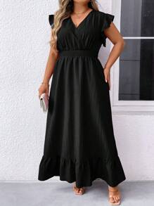 SHEIN Clasi 女式加大码纯色简约日常 V 领连衣裙长款女装 - 黑色 - 查看 1