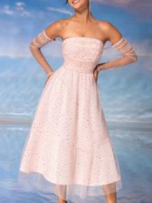 SHEIN Belle 褶皺網紗面料，層次搭配的女裝雞尾酒會派對禮服 - 粉色 - 查看 7