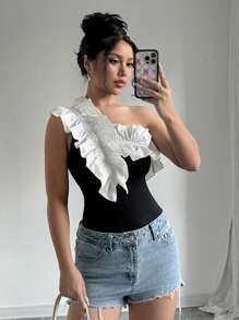 Chiquease Women's Asymmetrical Neckline Ruffle Trimmed Slimming Elegant Bodysuit - Black and White - View 3