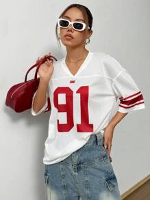 StreetHx Women's Summer Loose Fit V-Neck Digital Printed T-Shirt With Drop Shoulder And Mesh Panel Graphic Tees Women Tops - White - View 4