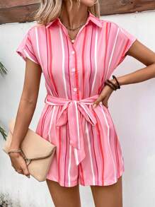 SHEIN LUNE Mono de manga corta casual para mujer con estampado de bloques de color y rayas impresas