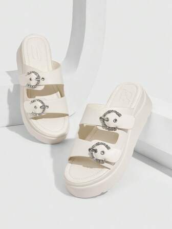 CUCCOO EASI 女士時尚厚底鑲鑽扣涼鞋，適用於春夏季節