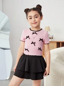 SHEIN Leap Crew 粉色無紋帶蝴蝶結裝飾少女短袖甜美T恤 - 彩色 - 查看 3