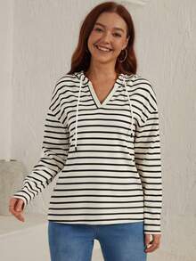DEARCASE Striped Hooded Drawstring Sweatshirt - Multicolor - View 3