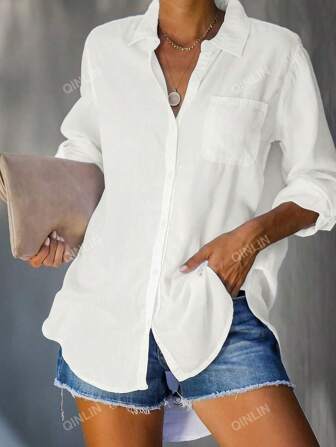 Women's Linen Button-Up Casual Basic Solid Color Long Sleeve Shirt, White, For Spring And Summer