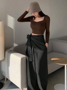 DAZY 女士纯色设计系带踝长裤，商务休闲 - 黑色 - 查看 3