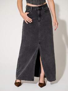 WESTFADE Premium Non-Stretch Cotton Denim Maxi Skirt - Grey - View 3
