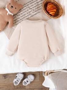 女婴圆领长袖针织连体衣，字母、小熊、兔子、小马印花，舒适可爱，休闲百搭，春、秋、冬新款，闪亮小星星设计 - 杏色 - 查看 2