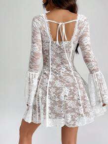 SHEIN PETITE 復古蕾絲甜心領蓬蓬袖連身裙