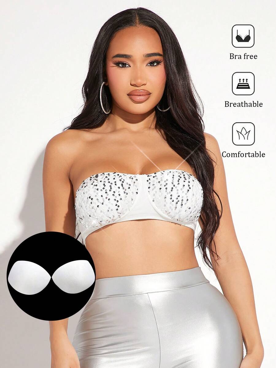 SHEIN SXY 超短無肩帶上衣,鑲有亮片裝飾的白色短款上衣 - 白色 - 查看 1