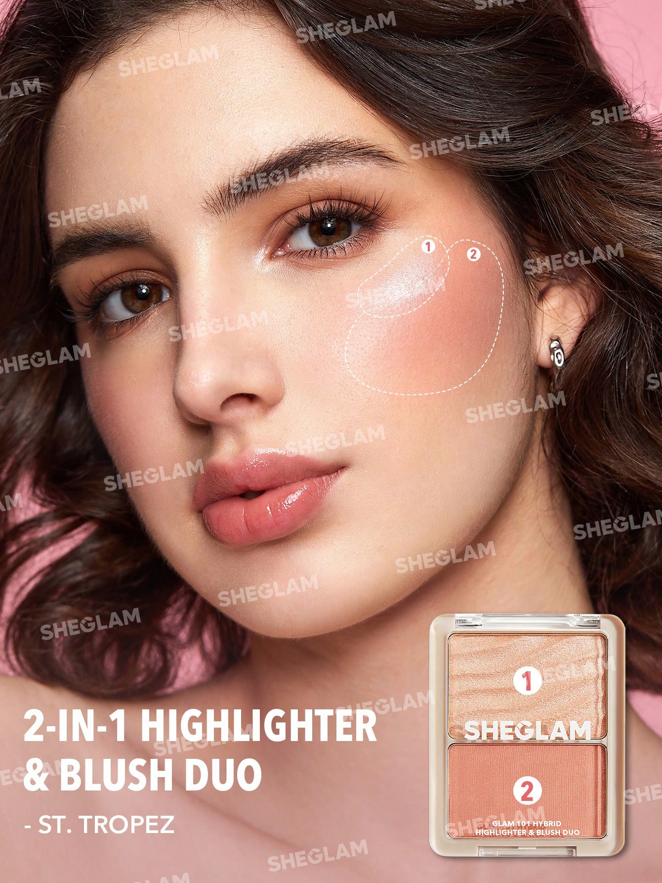SHEGLAM مجموعة بودرة هايلايتر وأحمر خدود هجينة من Glam 101-St. Tropez Blush Highlighter Powder Palette غير قابلة للتلاشي ومتعددة الاستخدامات وغير دهنية ولامعة وخفيفة الوزن وناعمة أحمر خدود Pink Brown Rosa Blush حمره بلشر علامة تجارية