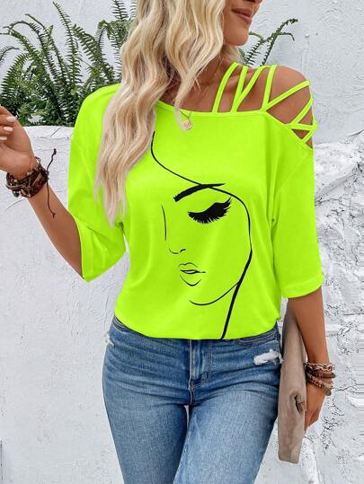 EMERY ROSE Women's Summer Abstract Face Print Asymmetric Collar Casual T-Shirt Graphic Tees Women Tops
