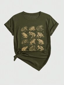 ROMWE Fairycore Frog Print Short Sleeve T-shirt - Army Green - View 1