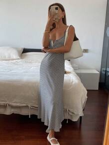 DAZY Striped Spaghetti Strap Dress With Waist Belt For Women Sundress,Casual Women Dresses Maxi Dress - Black - View 5