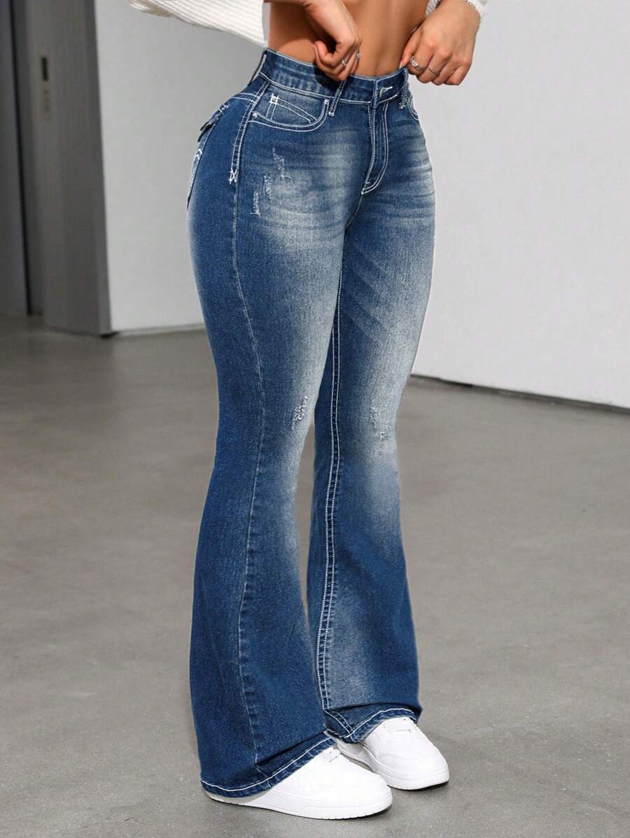 SHEIN ICON Women Flared Jeans With Pockets, Casual And Versatile - Light Wash - View 1