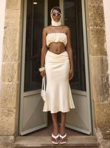 MUSERA Satin High Waisted Midi Ruched Skirt Boho Summer Cute Chic Elegant - Yellow - View 1