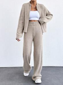 EURMUSE Drop Shoulder Zip Up Cardigan & Knit Pants - Beige - View 6