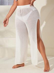 Plus Split Thigh Pointelle Knit Cover Up Pants For Summer Beach - White - View 1