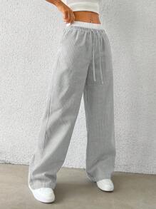 SHEIN EZwear Quần nữ dệt sọc xanh lá cây - Màu xanh Ô liu - Xem 6