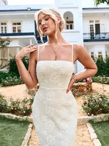 Backless Split Stereo Flower Embroidery Bodycon Cami Elegant Formal Evening Gowns - Apricot - View 3