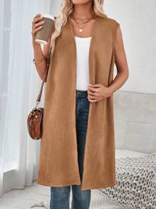 SHEIN LUNE Ladies' Casual Solid Color Sleeveless Cardigan Vest - Brown - View 2