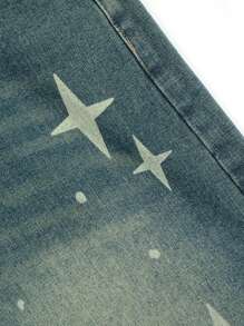 ROMWE MEN Street Life Men's Star & Dot Printed Denim Shorts, Summer, School - Blue - View 3
