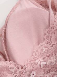 DAZY Vestido de dormir transparente com decote em V profundo com renda em patchwork e acolchoado integrado