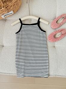 Babygirl Cute Minimalist Striped Patchwork Fitted Mid-Length Camisole Dress, Summer - Black - View 2