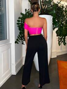 SHEIN SXY Padded Built-In Bra Padding Chest Pad Removable Padding Chest Cup Non Removable Padding Women's One Shoulder Ruched Bustier Crop Top - Hot Pink - View 2