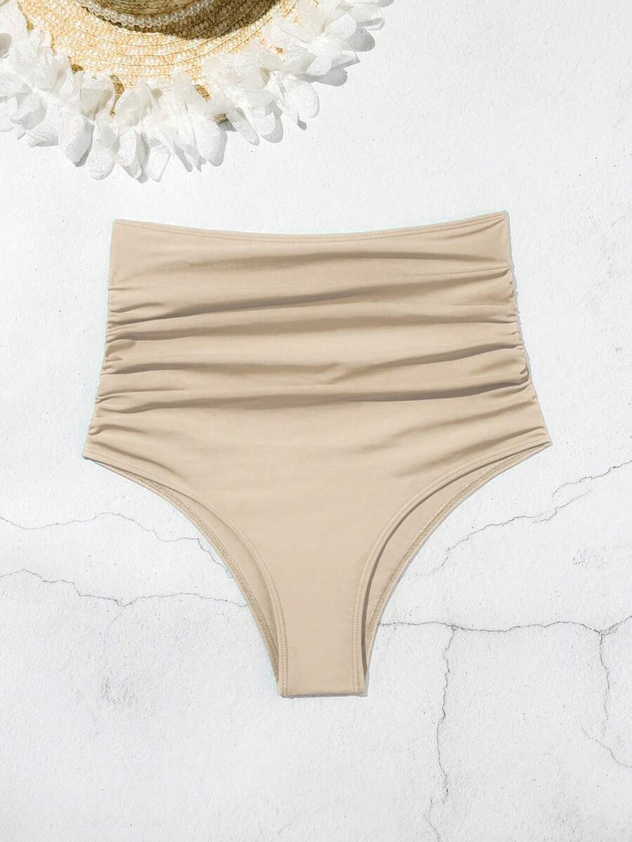 SHEIN Swim Ruched High Waisted Bikini Bottom Summer - Beige - View 1