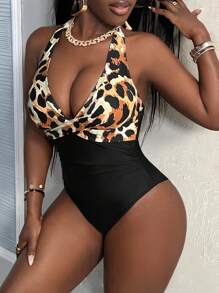 SHEIN Slayr Traje de baño de una pieza con espalda descubierta y escote de adorno de estampado de leopardo para mujer, para verano
