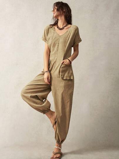 Bohemela 女式休闲蝙蝠袖前系带露背连体裤，带口袋