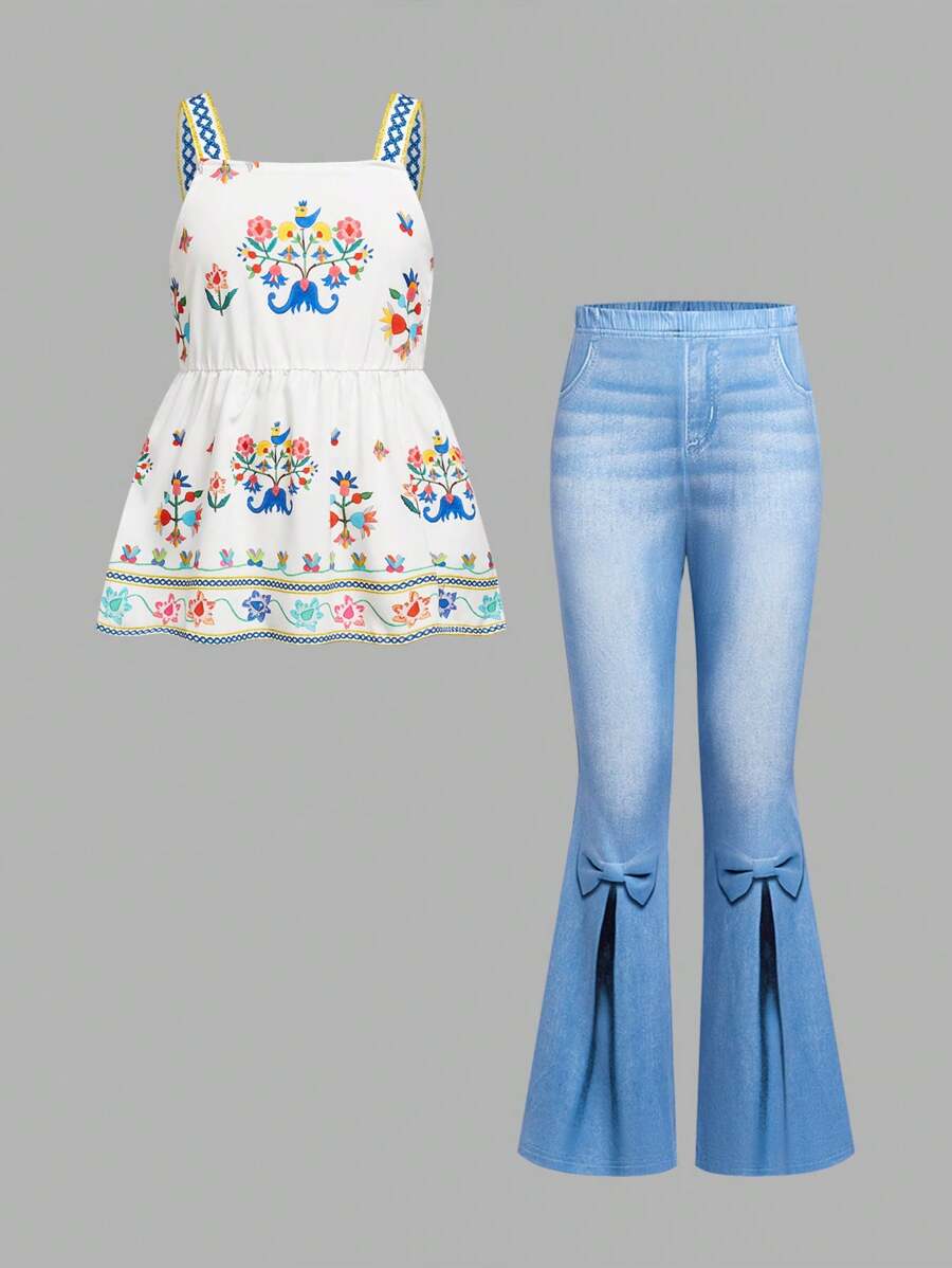 SHEIN Conjunto de blusa de férias com estampa floral feminina Tween e calça flare com estampa de laço