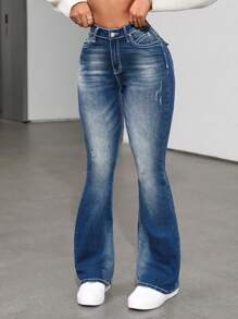 SHEIN ICON Women Flared Jeans With Pockets, Casual And Versatile - Light Wash - View 4