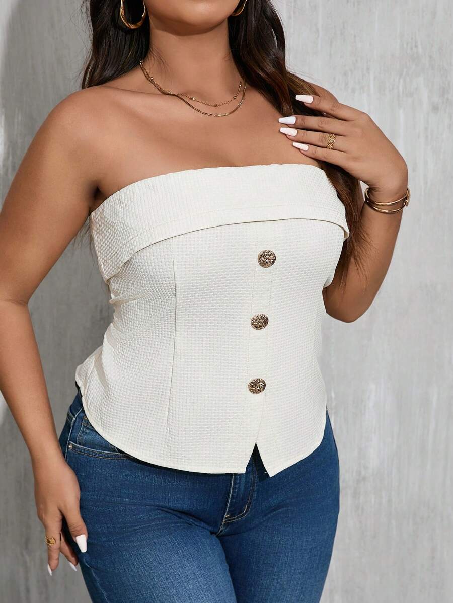 SHEIN Privé Plus Size Women's Elegant Gathered Waist Tube Top, Suitable For Afternoon Tea, Commuting, Dating, Party, Banquet, Back To School, Metal Buckle, Pleated, Slimming, Textured Fabric Top - Apricot - View 1