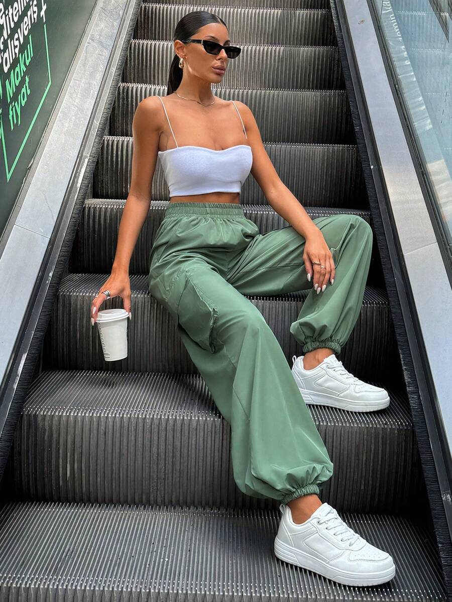 RueChic Women Mint Green Parachute Cargo Pants - Mint Green - View 1