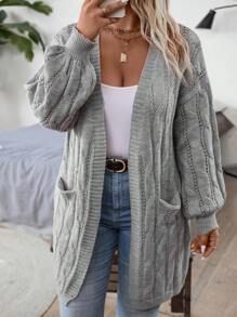 Plus Size Vintage Casual Twisted Texture Open Cardigan Sweater, For Winter Fall Cloth For Women - Grey - View 4