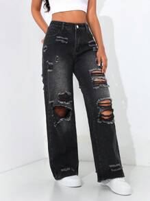 SHEIN EZwear 女士寬鬆修身直筒牛仔褲，破洞設計並帶有口袋 - 黑色 - 查看 5